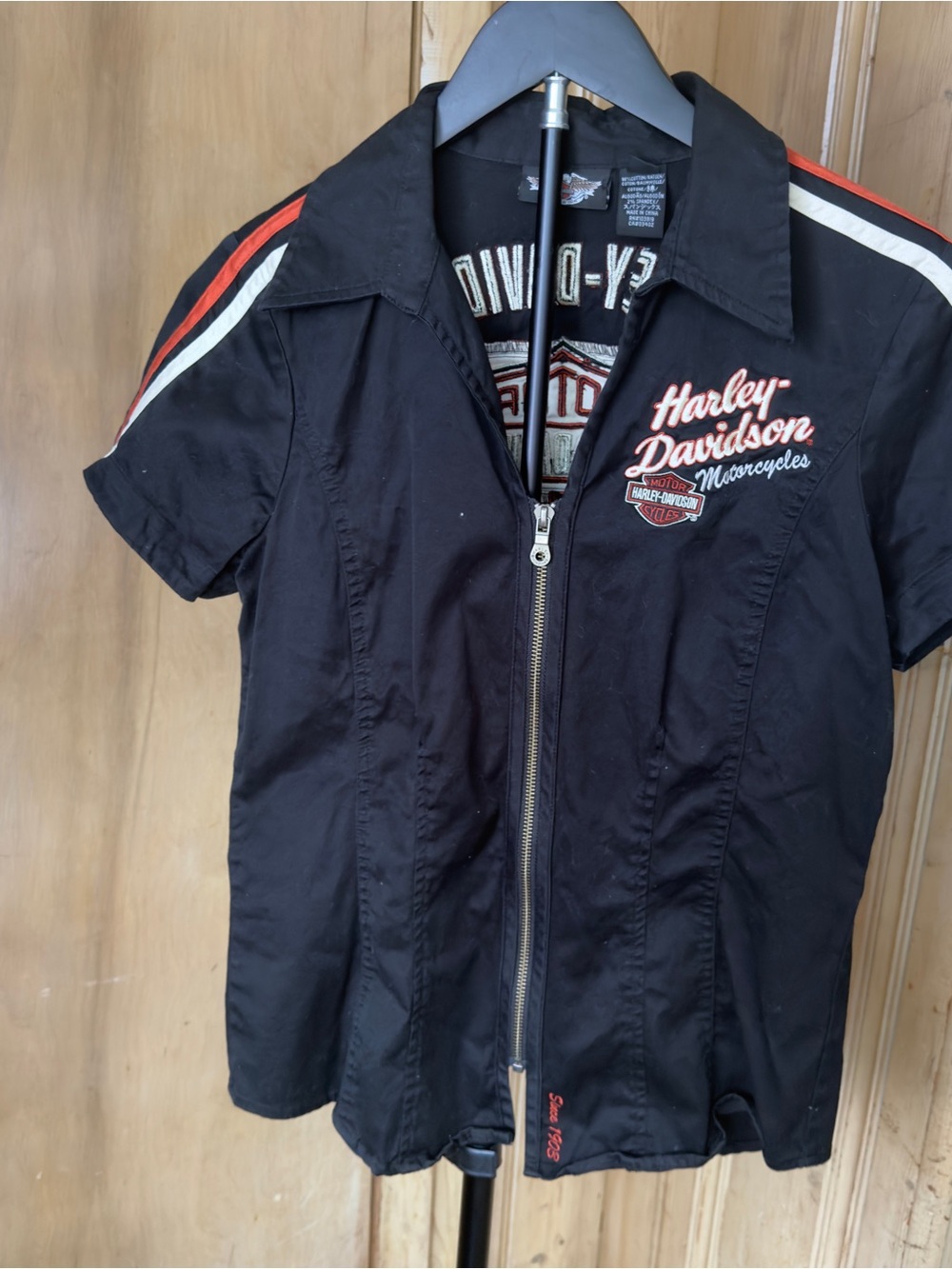 Vintage Womans Harley-Davidson Black Zip Front Racing Shirt with Stripes